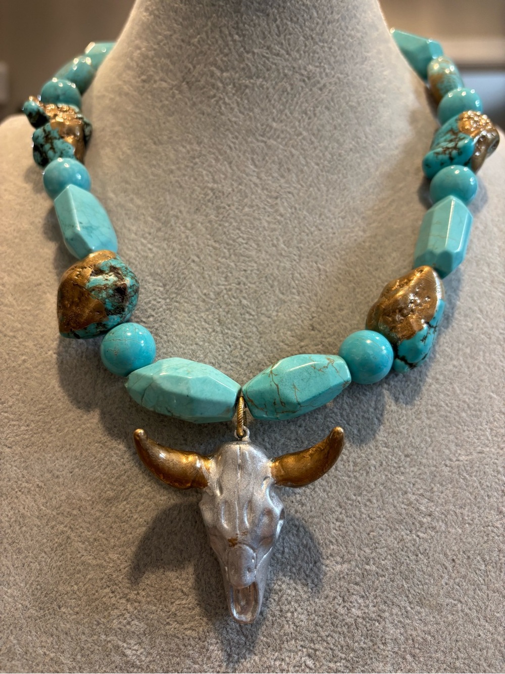 Turquoise Bead Necklace with Bull Skull Pendant - Turquoise